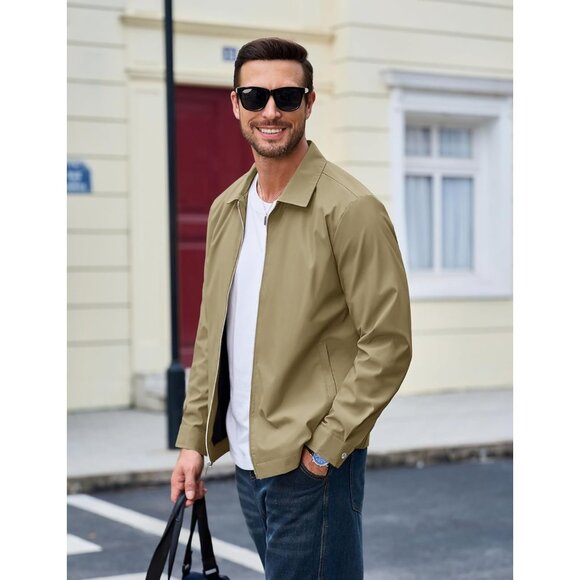 🆕 Men Khaki Lightweight Jacket Full Zip Golf Collar Windbreaker Casual Spring - Picture 5 of 7